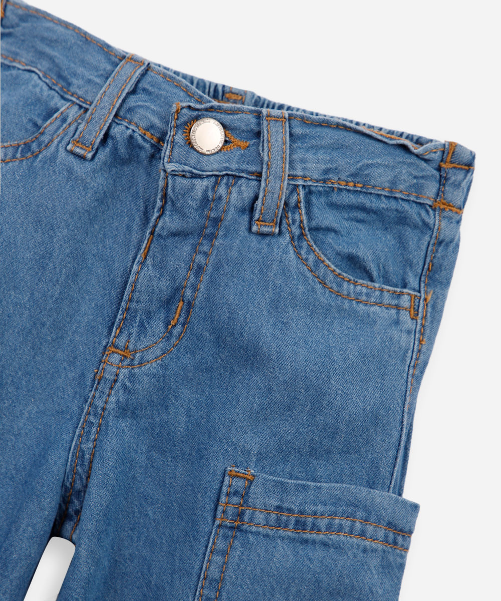 calça infantil jeans leve cargo com elástico azul