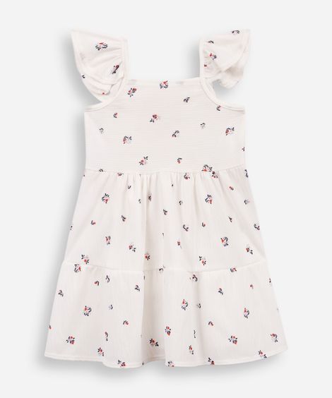 vestido infantil com recortes e babados floral texturizado off white