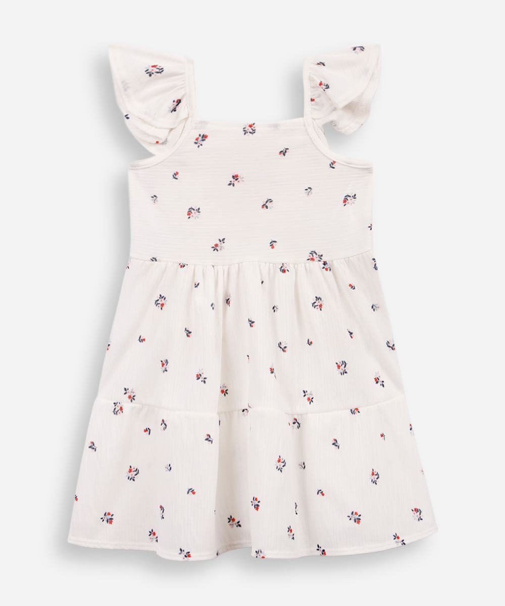 vestido infantil com recortes e babados floral texturizado off white