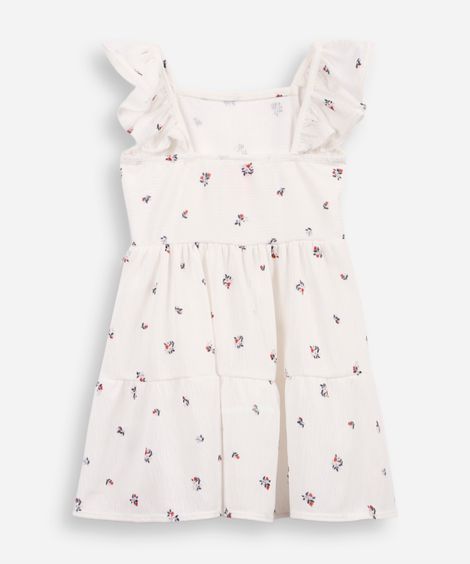 vestido infantil com recortes e babados floral texturizado off white