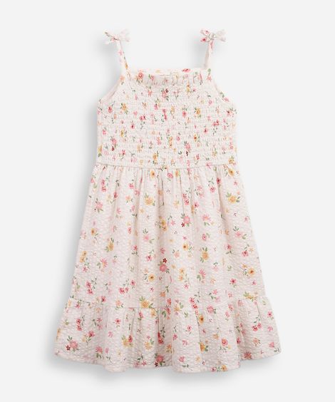 vestido infantil de algodão com lastex texturizado floral off white