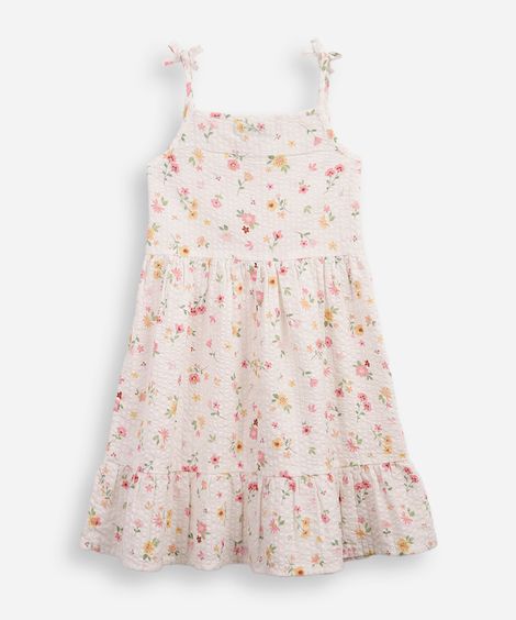 vestido infantil de algodão com lastex texturizado floral off white