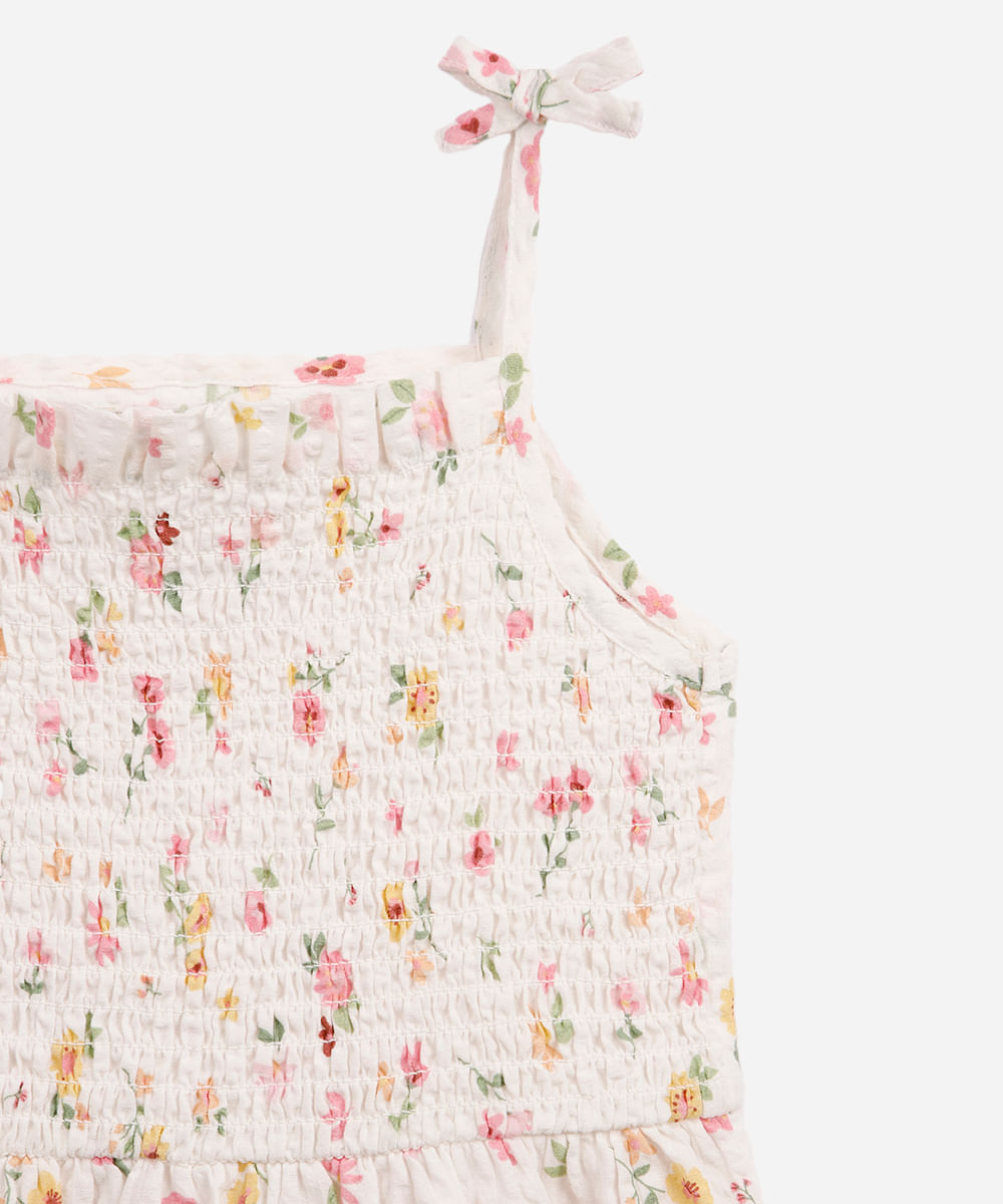 vestido infantil de algodão com lastex texturizado floral off white