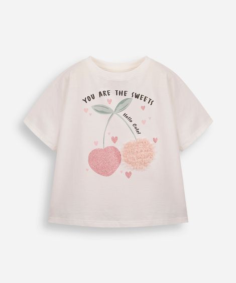 camiseta infantil de algodão cerejas com glitter texturizada off white