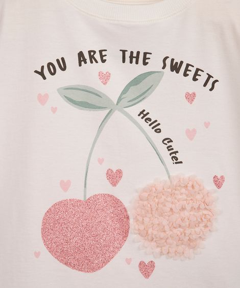 camiseta infantil de algodão cerejas com glitter texturizada off white