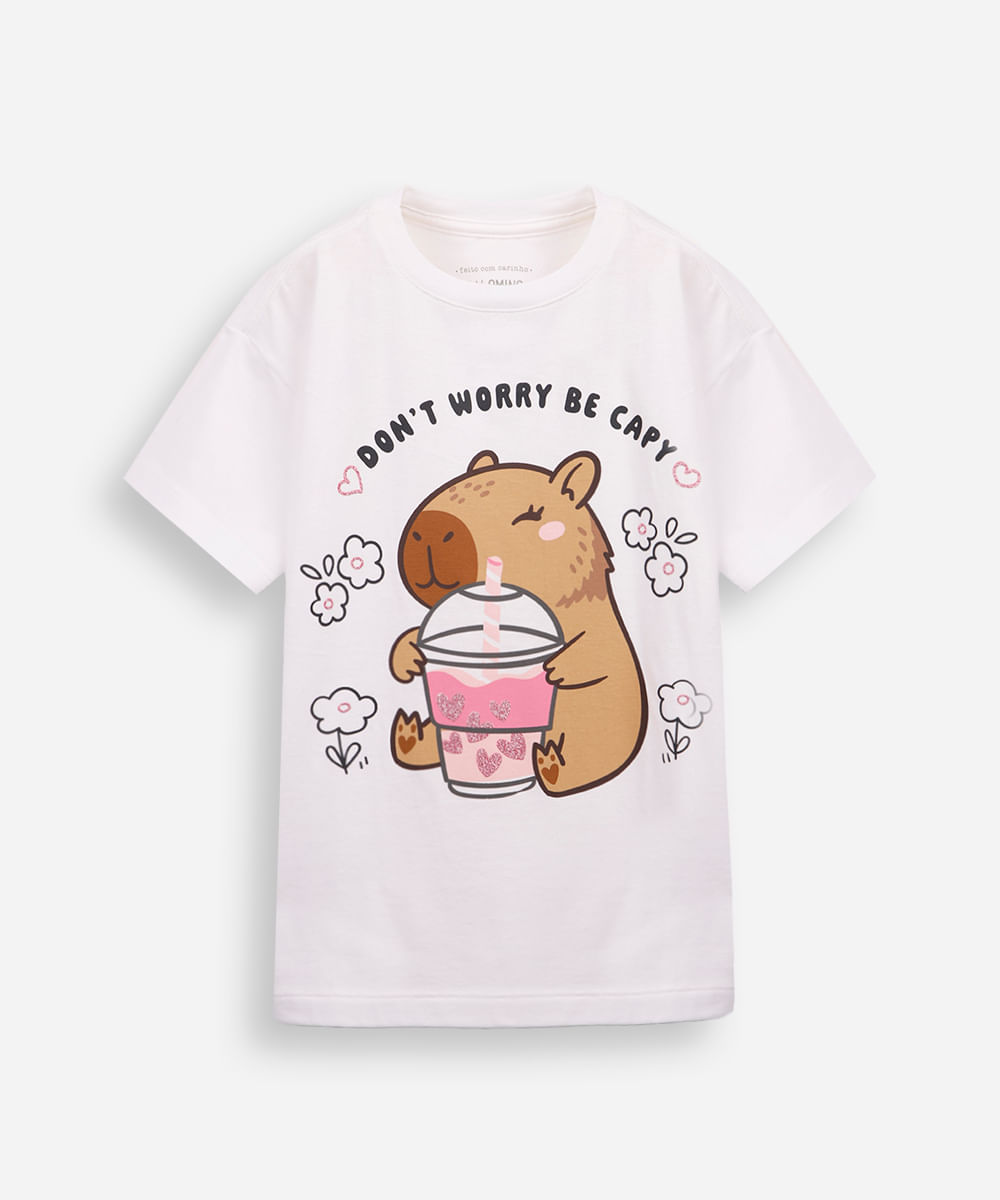 camiseta infantil de algodão capivara com glitter off white