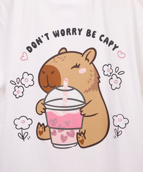 camiseta infantil de algodão capivara com glitter off white