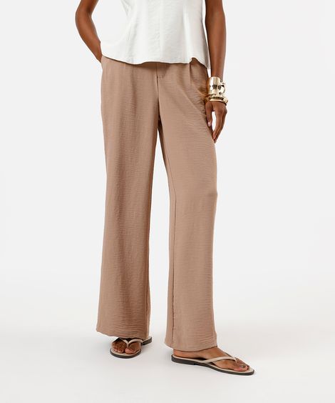 calça wide leg feminina cós elástico texturizada bege