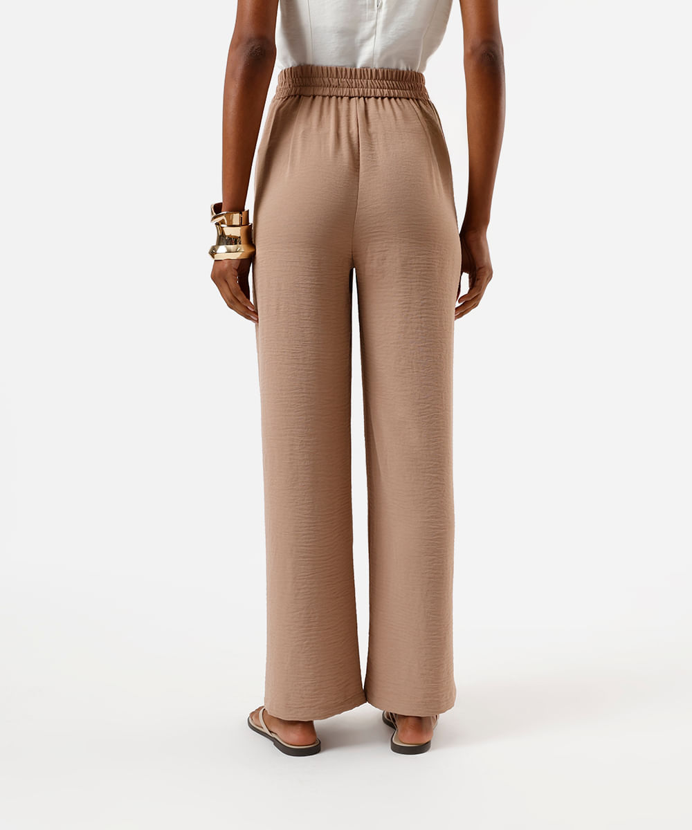 calça wide leg feminina cós elástico texturizada bege