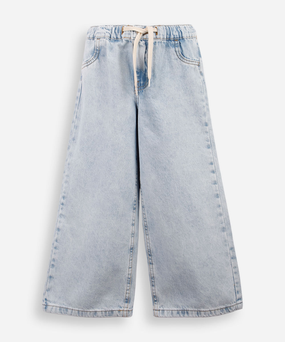 calça wide leg infantil jeans cós elástico azul