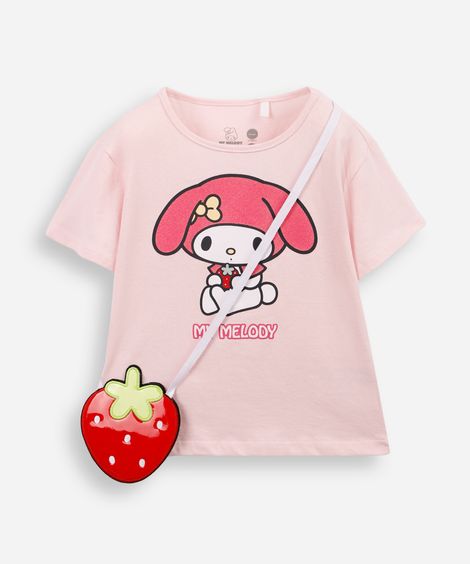 camiseta infantil de algodão my melody hello kitty com bolsa rosa