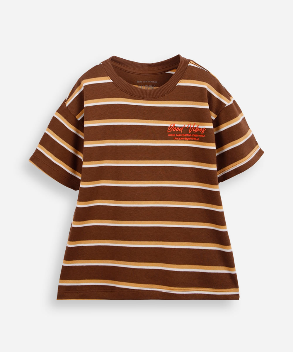 camiseta infantil com algodão e bordado listrada marrom