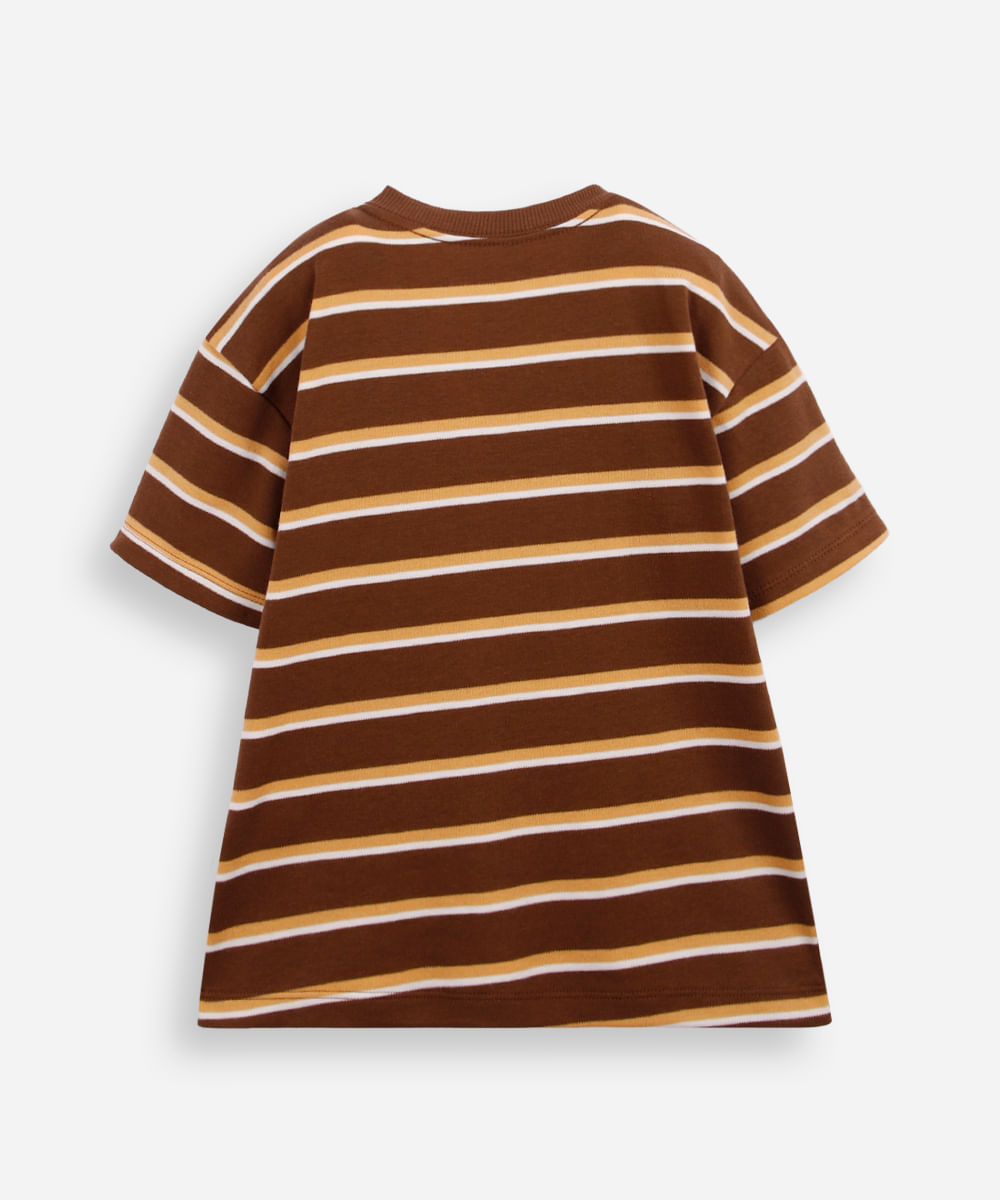 camiseta infantil com algodão e bordado listrada marrom