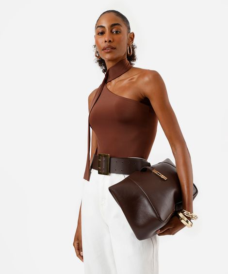 body ombro único feminino com amarração marrom