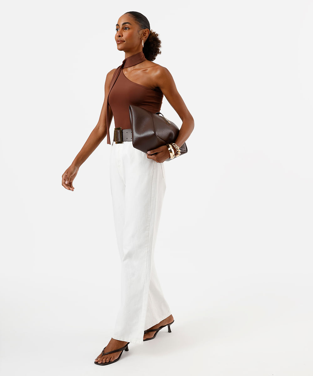 body ombro único feminino com amarração marrom