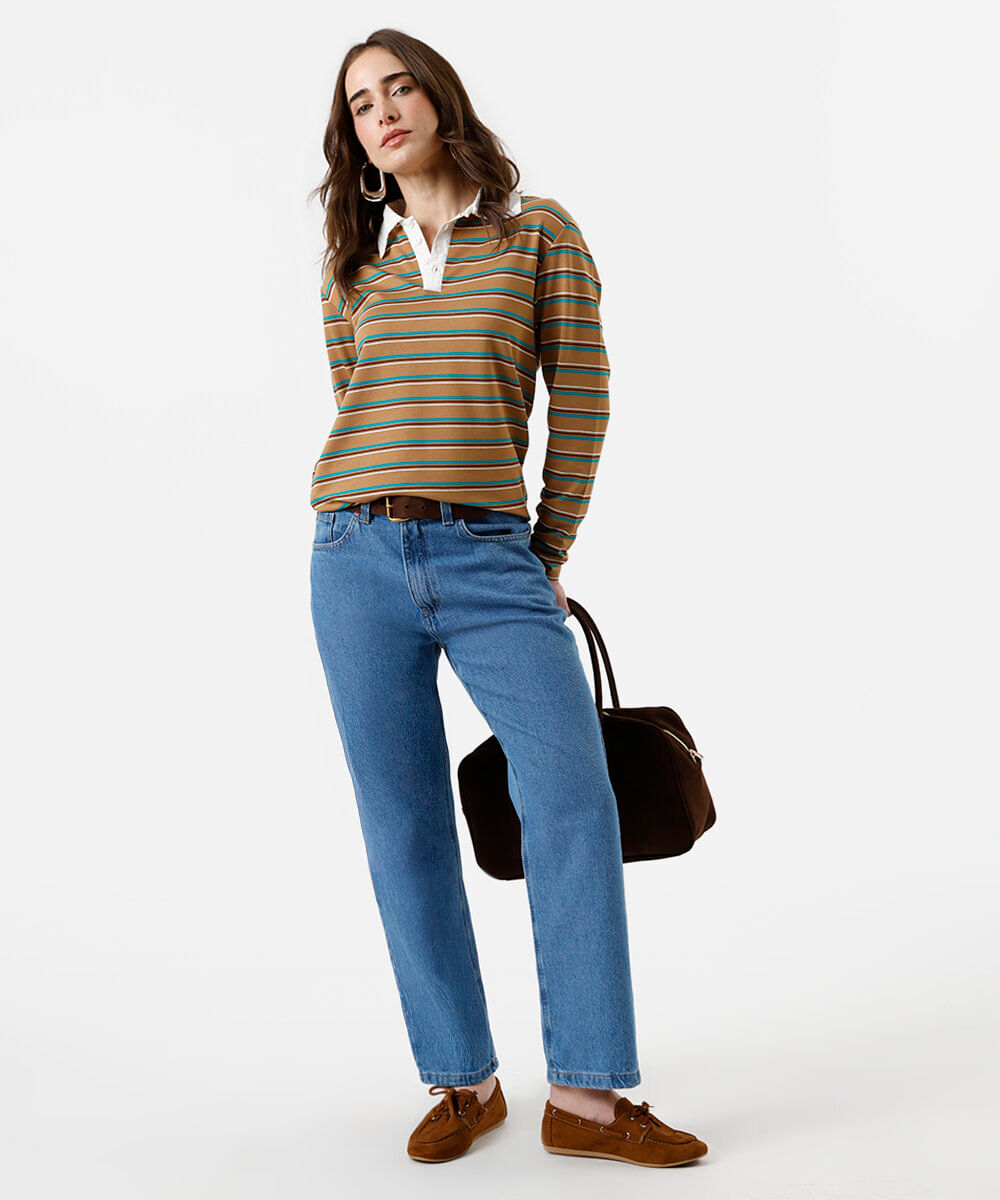 calça reta feminina jeans cintura alta azul