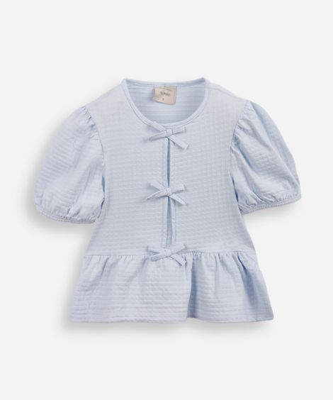 blusa de algodão infantil com lacinho texturizada azul