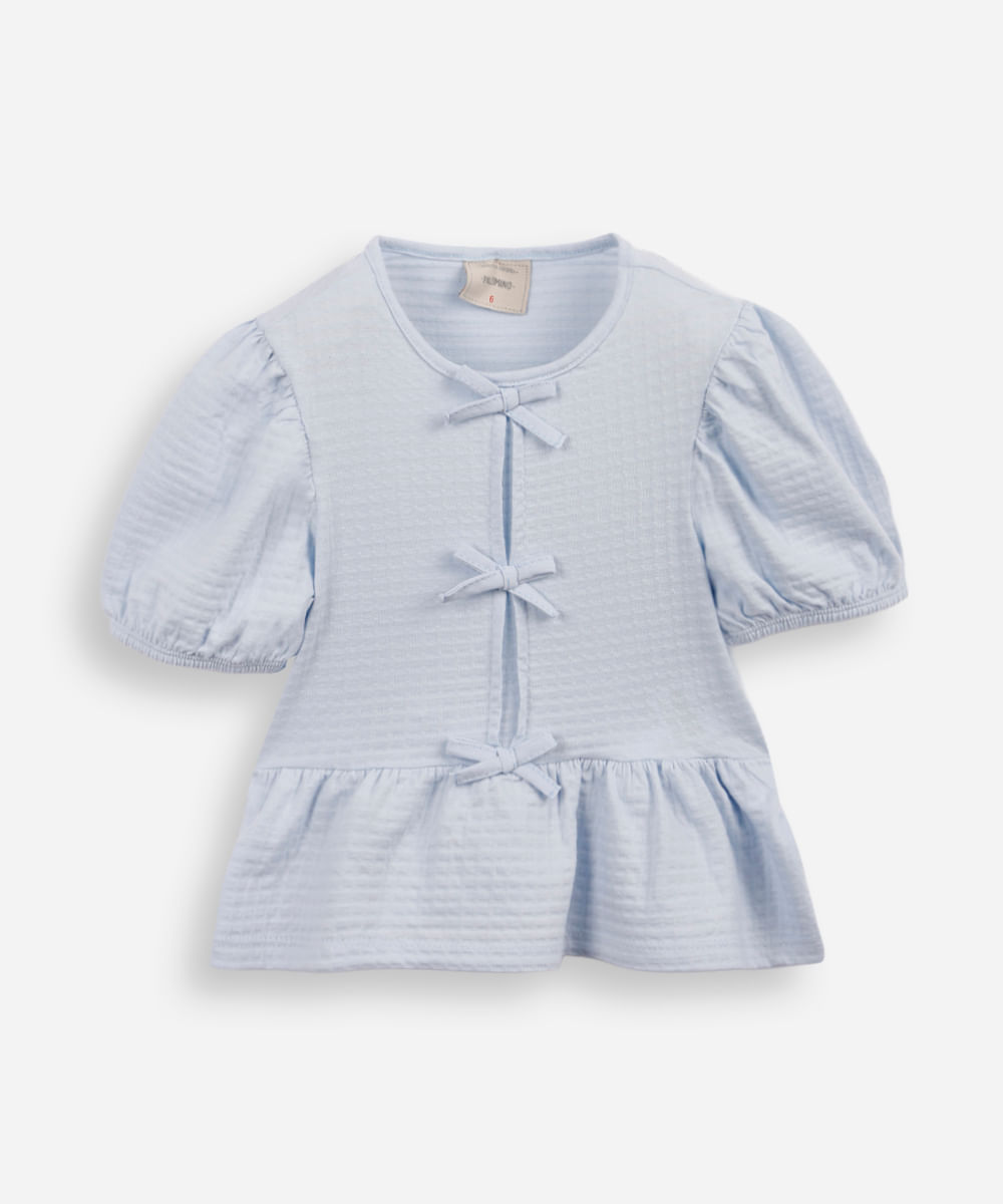 blusa de algodão infantil com lacinho texturizada azul