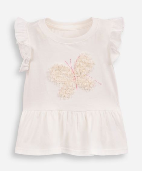 blusa infantil de algodão bordado borboleta com recortes e babados off white