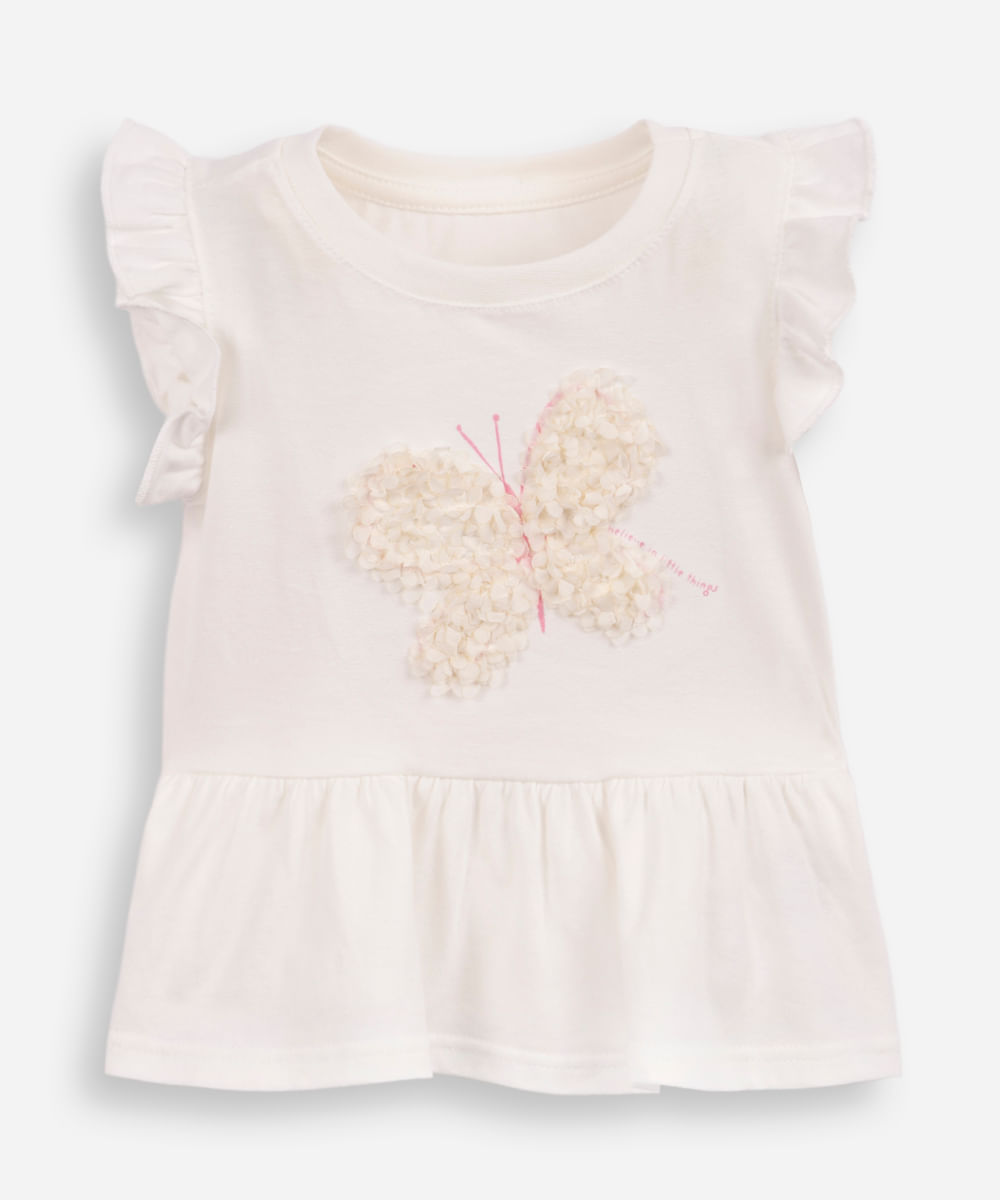 blusa infantil de algodão bordado borboleta com recortes e babados off white