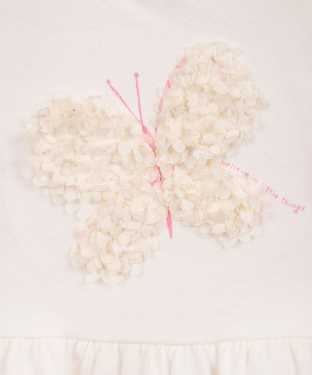 blusa infantil de algodão bordado borboleta com recortes e babados off white