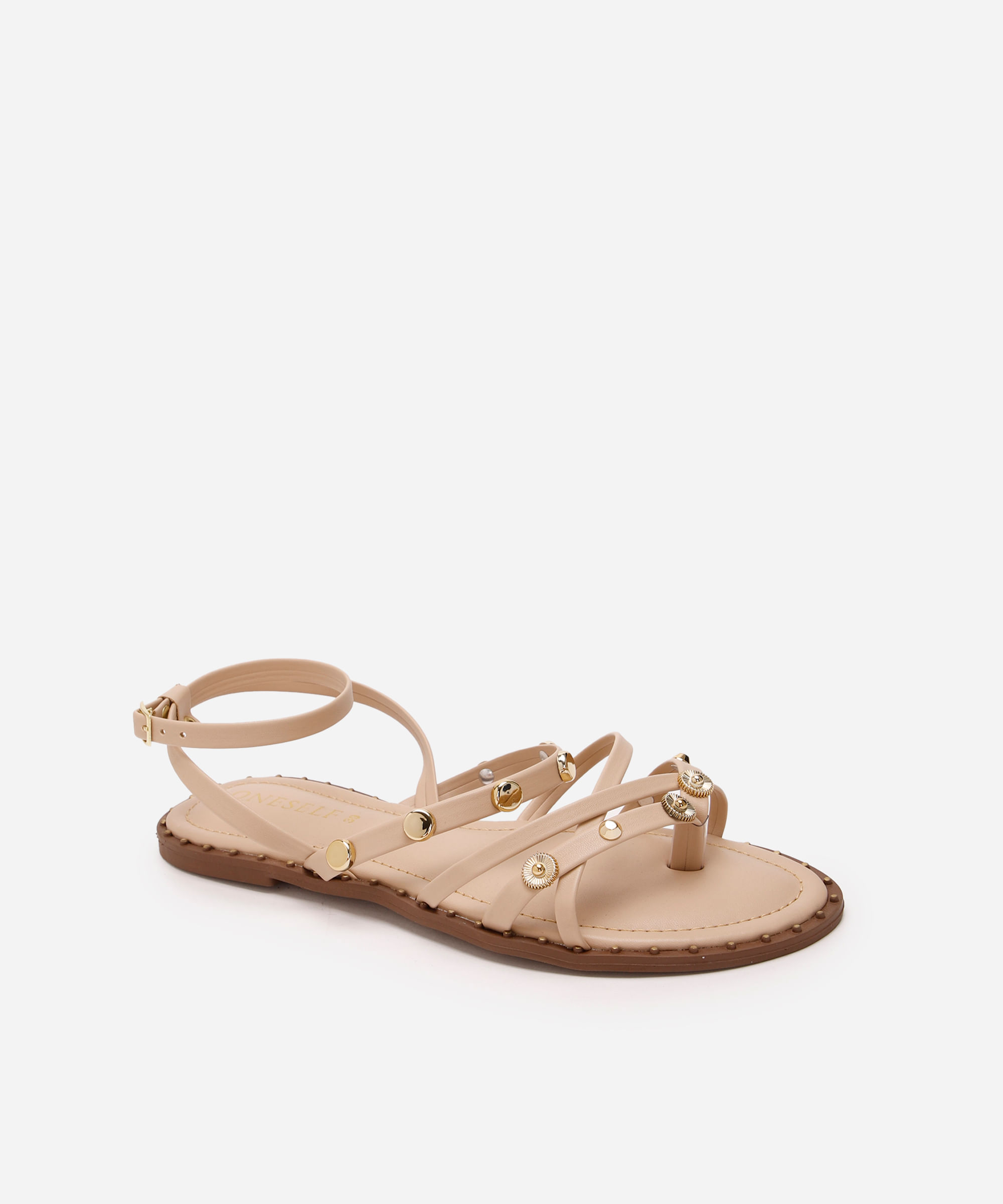 rasteirinha tiras finas com tachas oneself bege