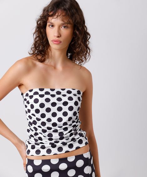 blusa feminina sem alça poá franzida mindset off white