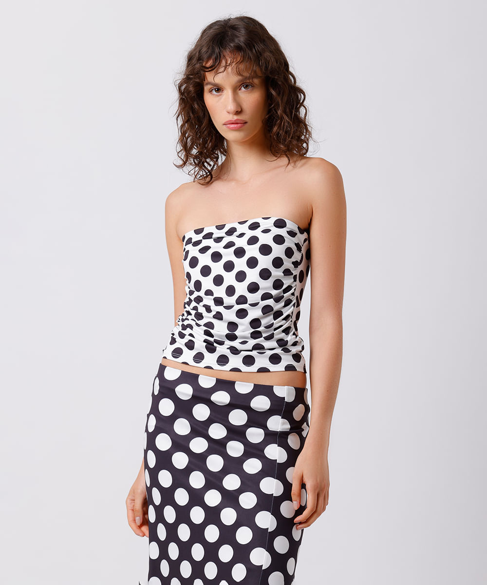 blusa feminina sem alça poá franzida mindset off white