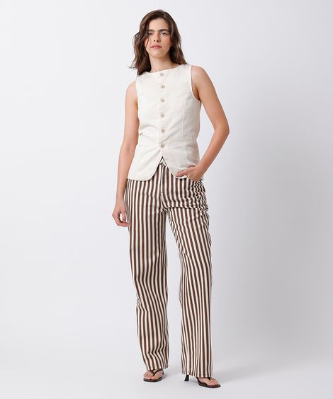 calça reta feminina de sarja listrada mindset off white