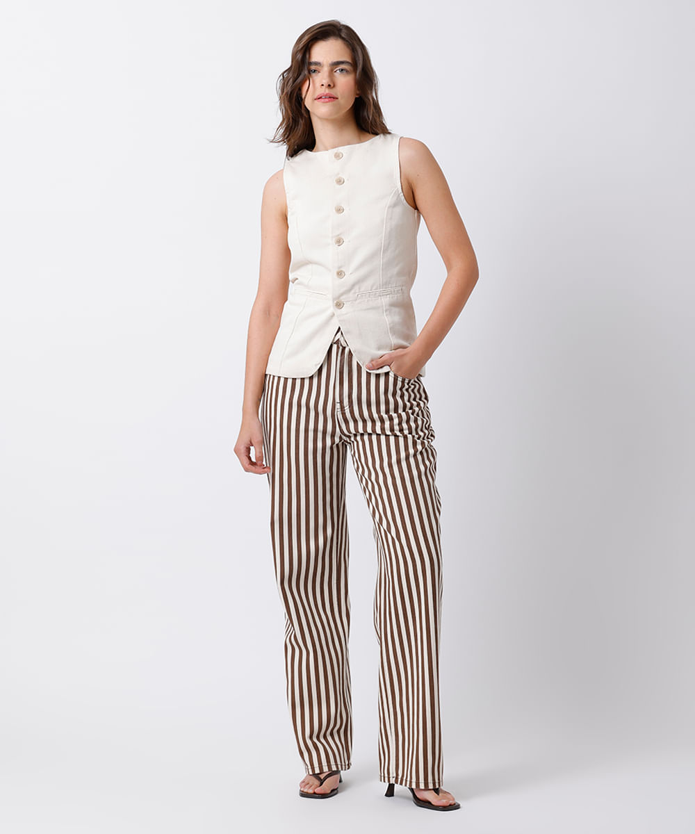 calça reta feminina de sarja listrada mindset off white