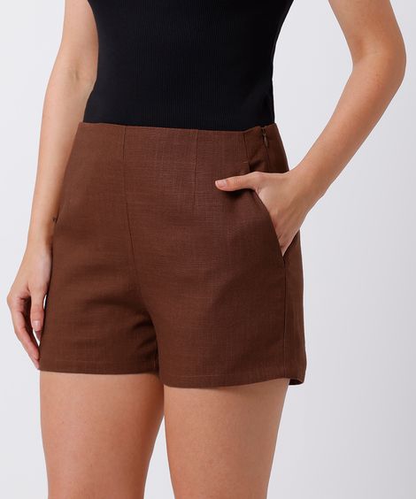 short curto feminino de viscose e linho mindset marrom