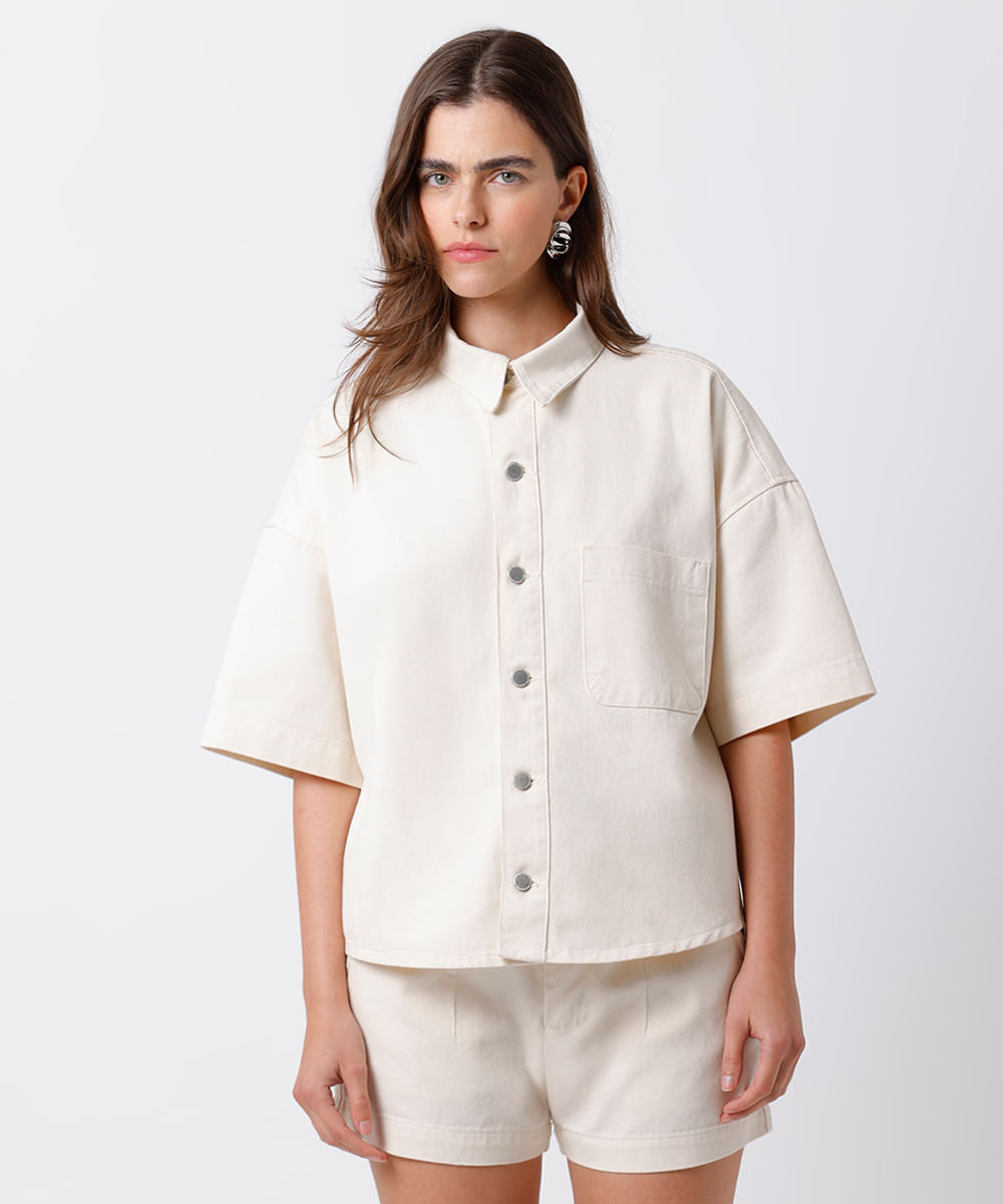 camisa feminina de sarja manga curta com bolso mindset off white