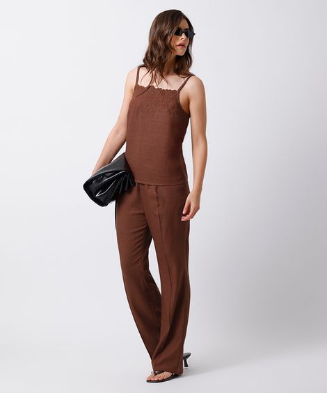 calça reta feminina de alfaiataria com linho pregas mindset marrom