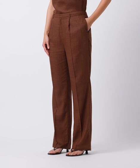 calça reta feminina de alfaiataria com linho pregas mindset marrom