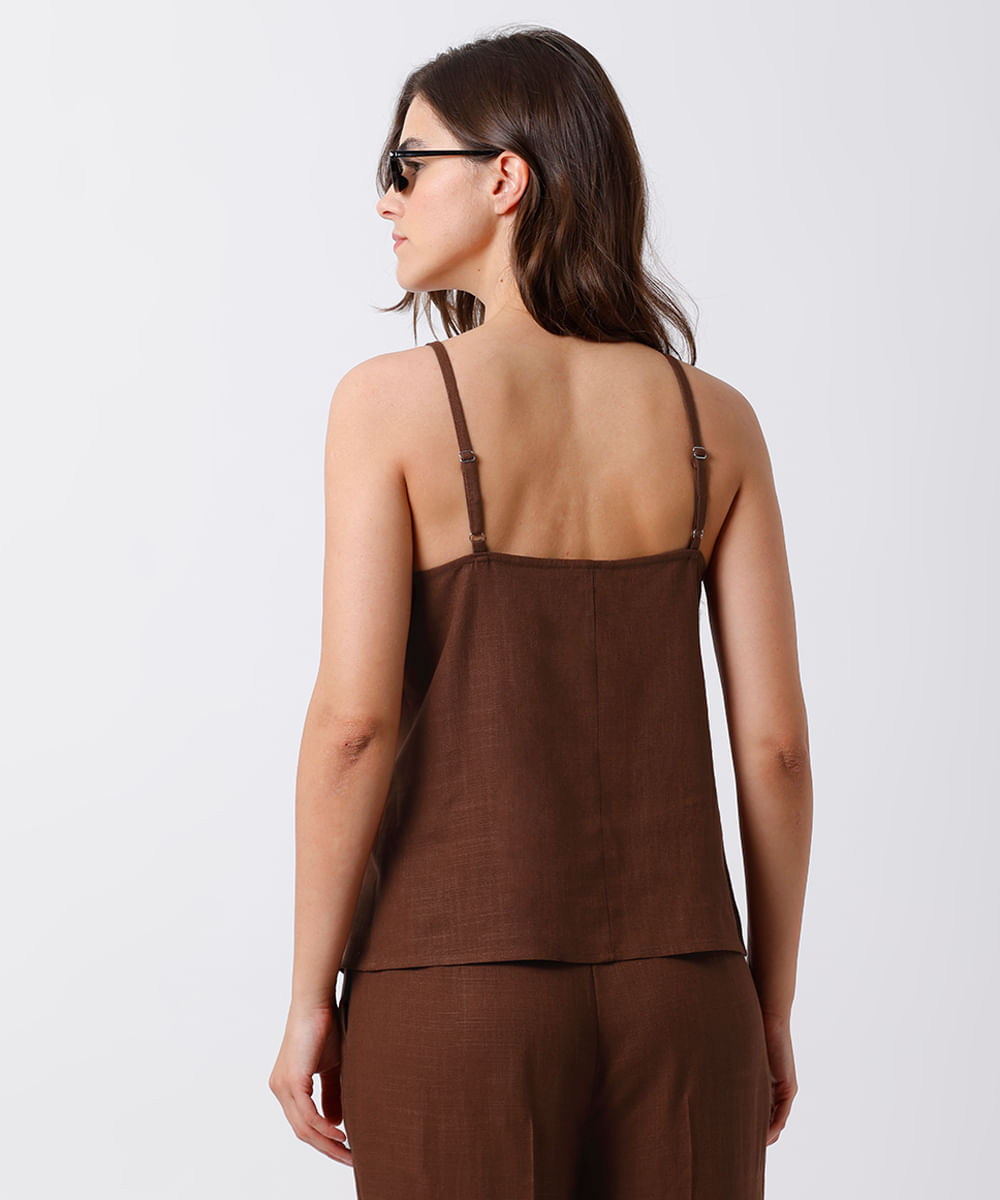 blusa feminina alça fina com bordado floral mindset marrom