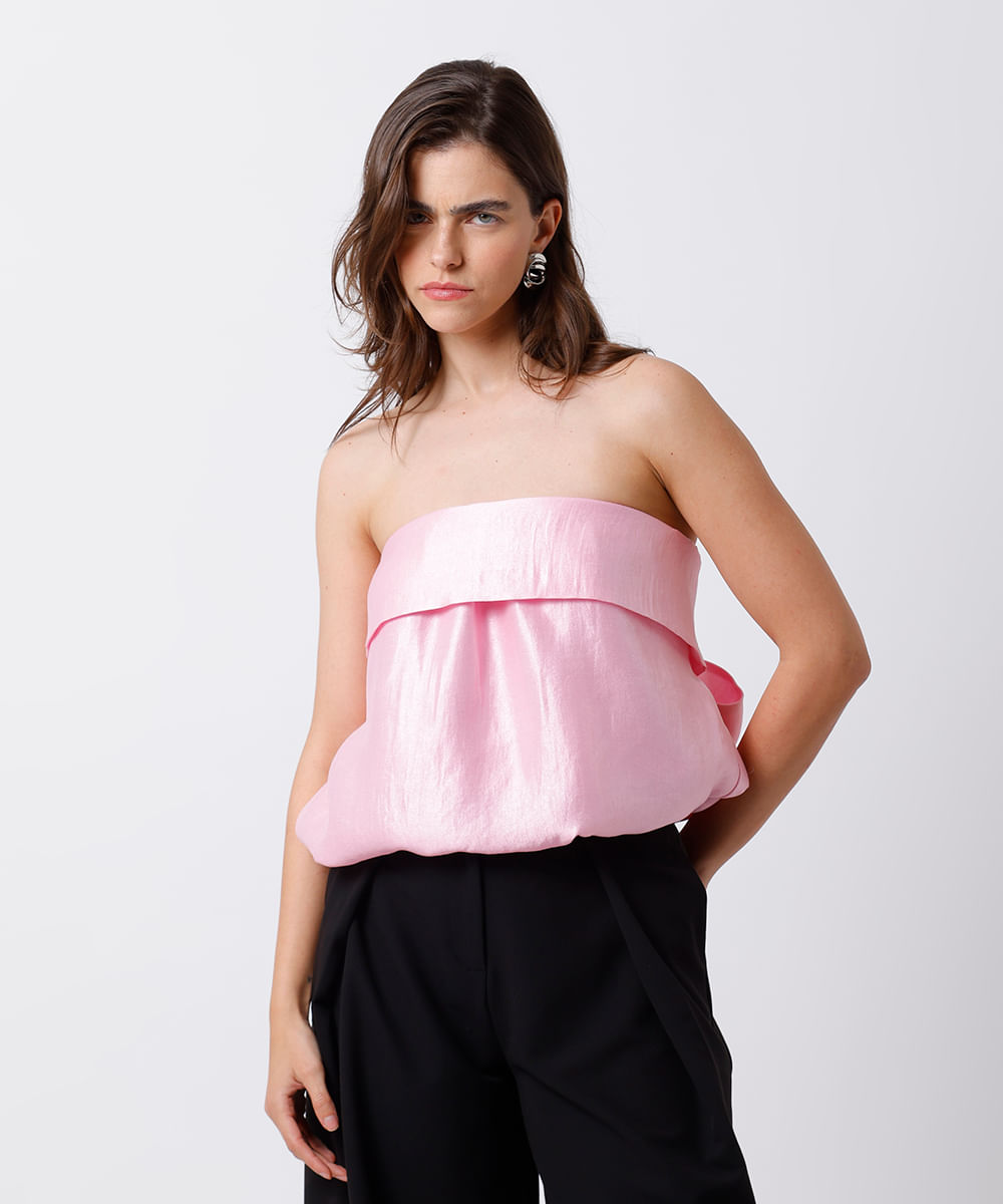 blusa feminina sem alça com laço acetinada mindset rosa
