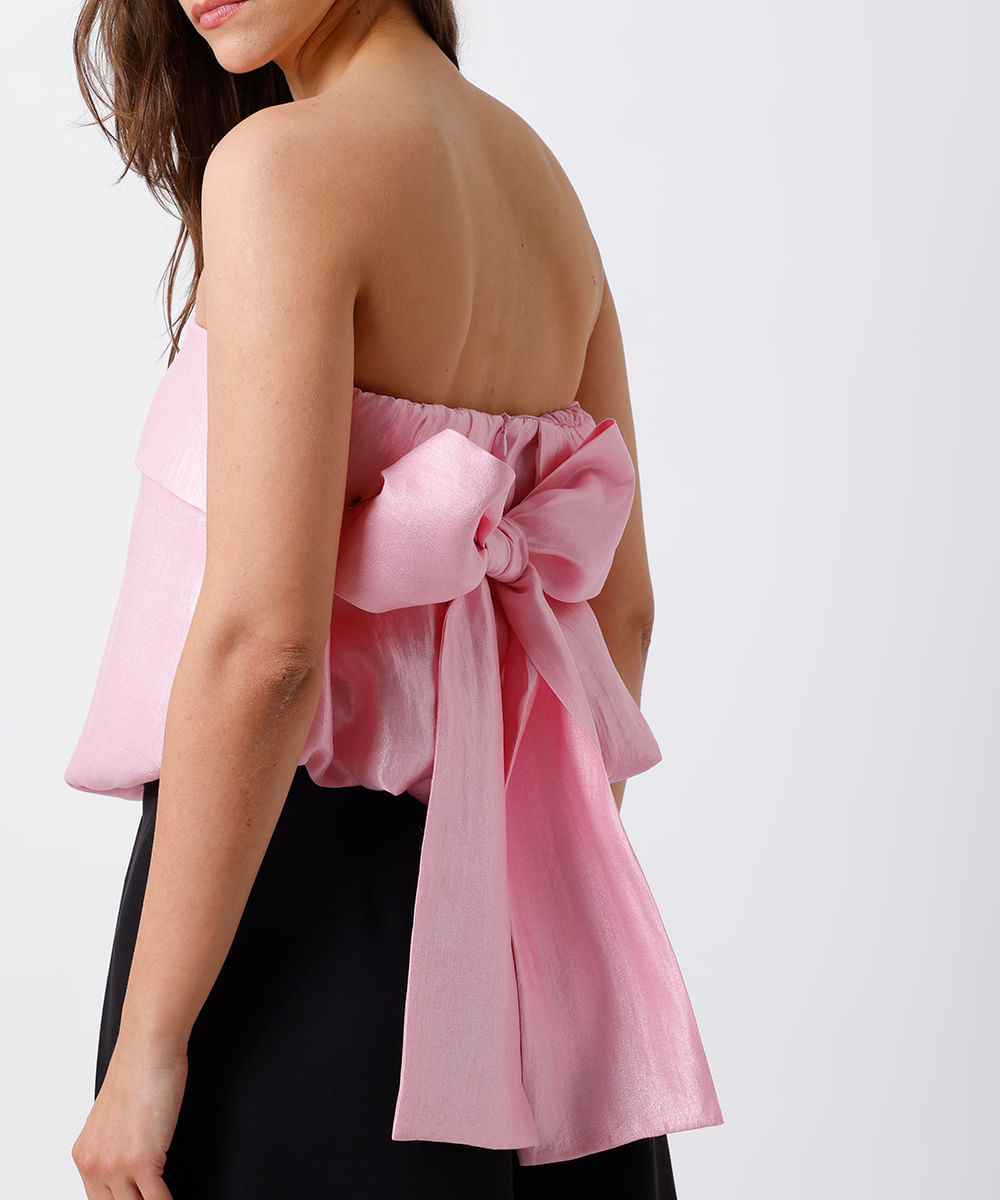 blusa feminina sem alça com laço acetinada mindset rosa