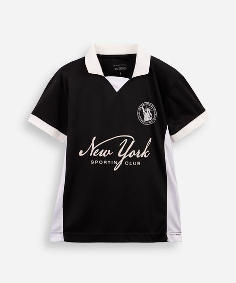 polo infantil com recorte new york texturizada preta