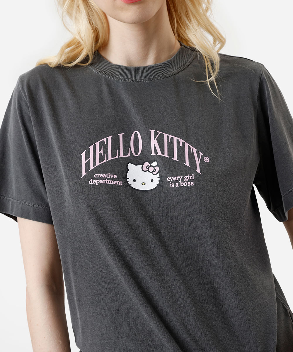 camiseta feminina de algodão hello kitty estonada cinza