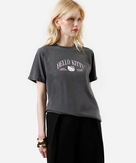 camiseta feminina de algodão hello kitty estonada cinza
