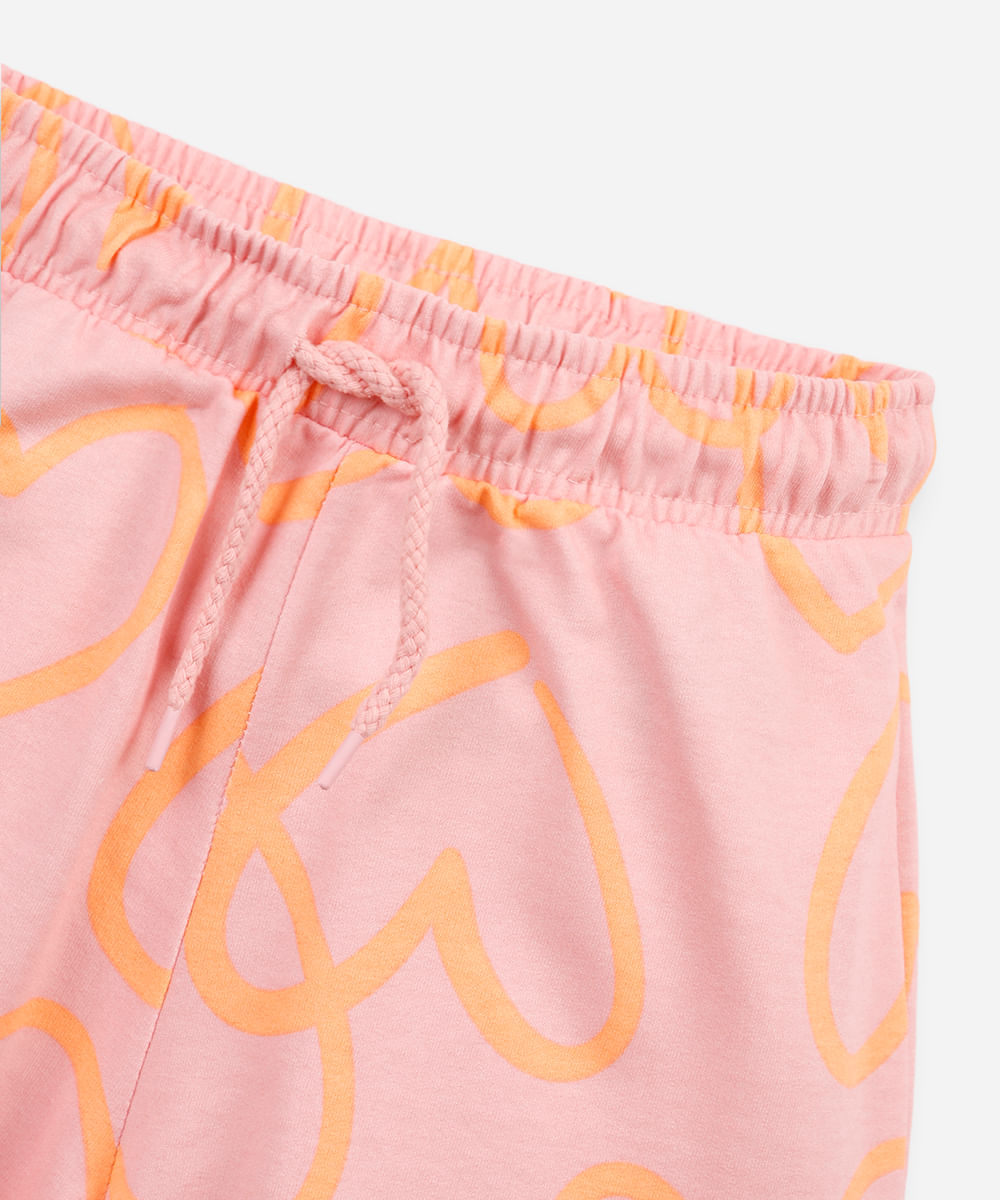 short infantil moletom estampa corações rosa