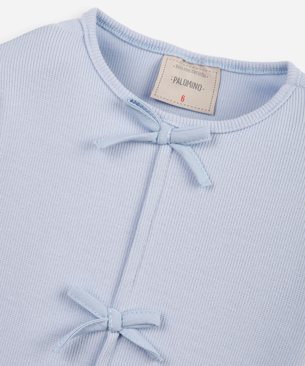 blusa infantil de algodão com laços canelada - azul claro