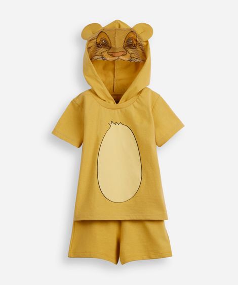 conjunto curto infantil de algodão com capuz simba amarelo