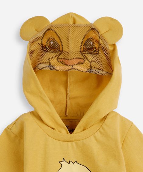 conjunto curto infantil de algodão com capuz simba amarelo