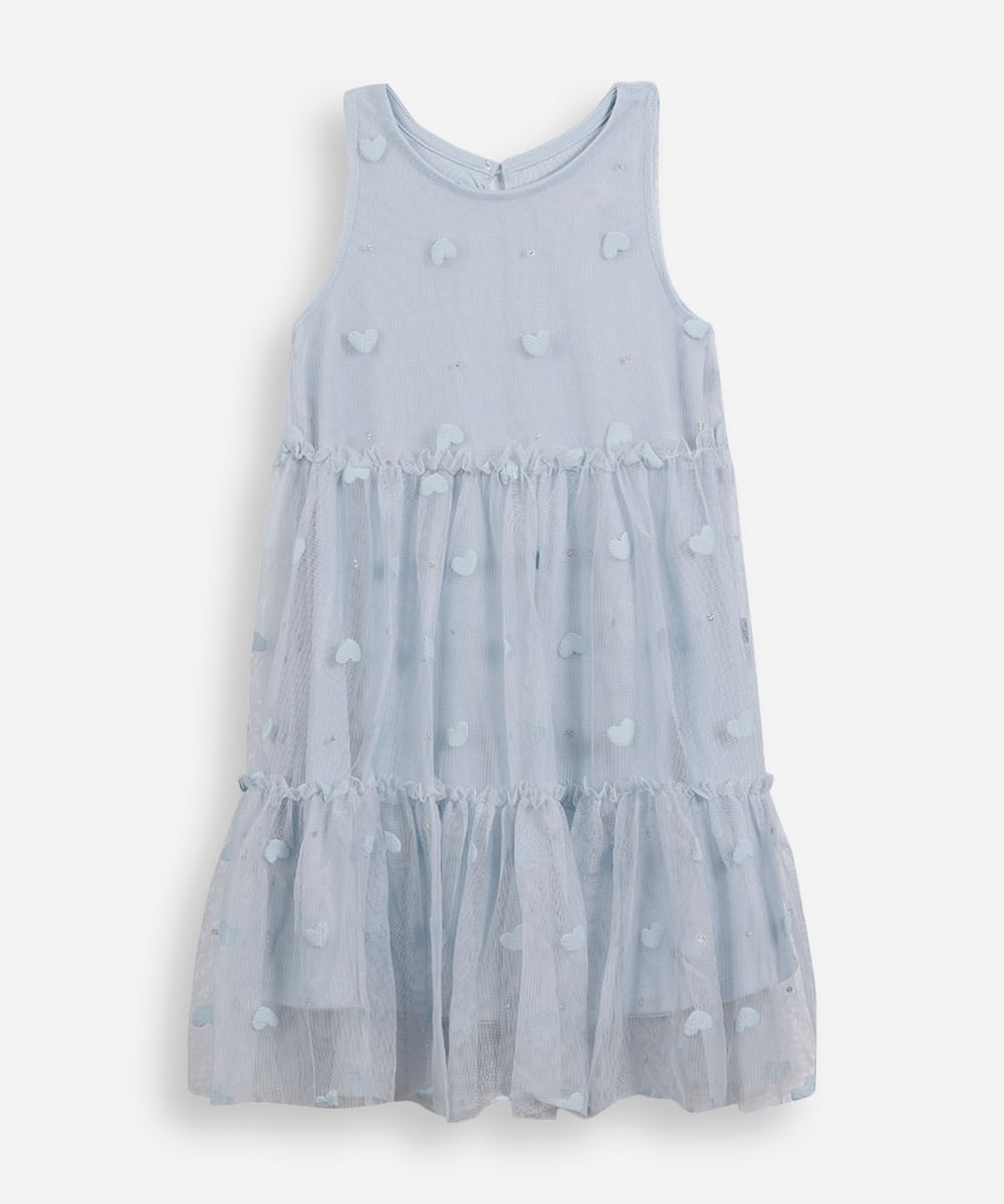 vestido infantil de tule corações com glitter azul