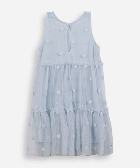 vestido infantil de tule corações com glitter azul