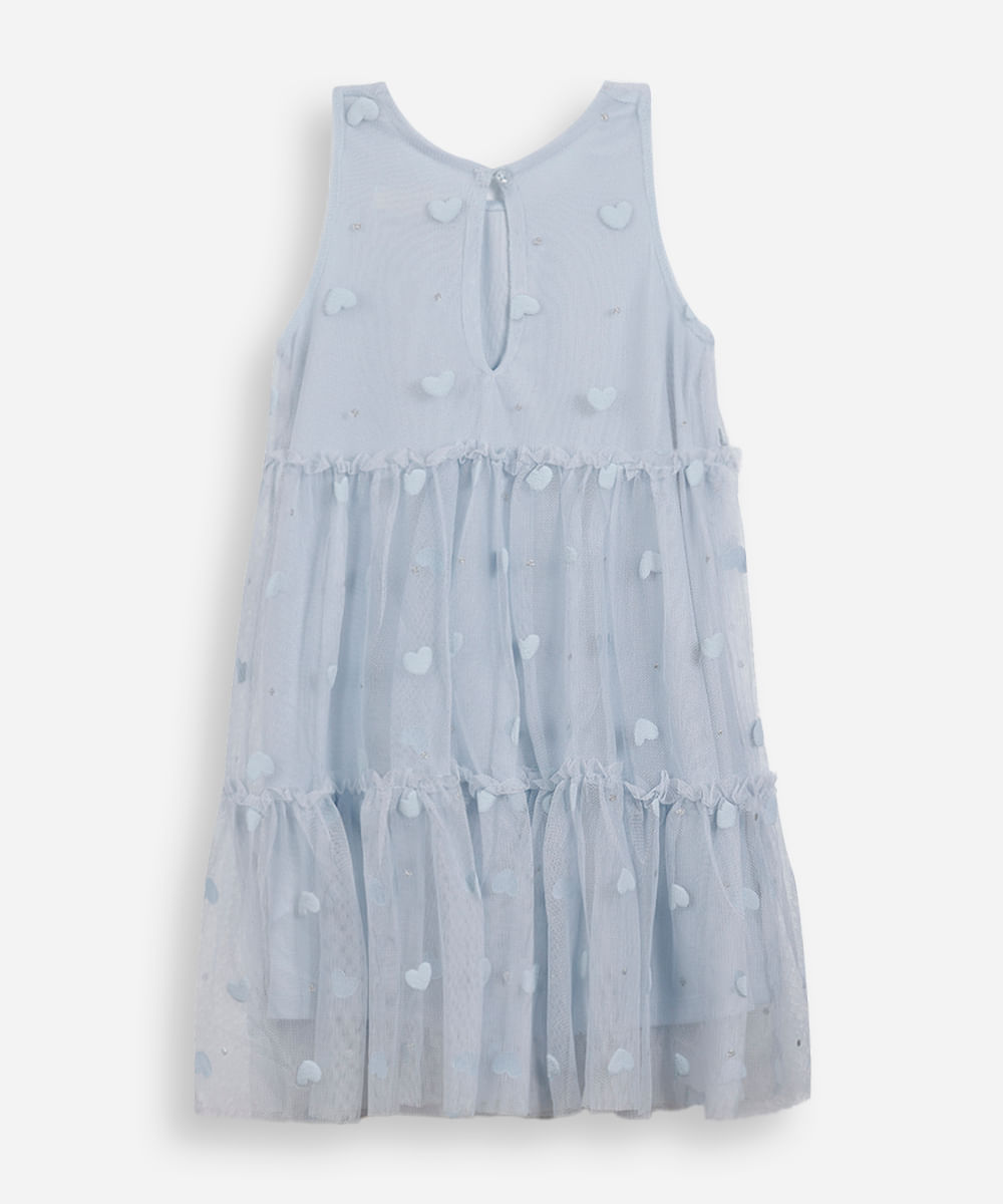 vestido infantil de tule corações com glitter azul
