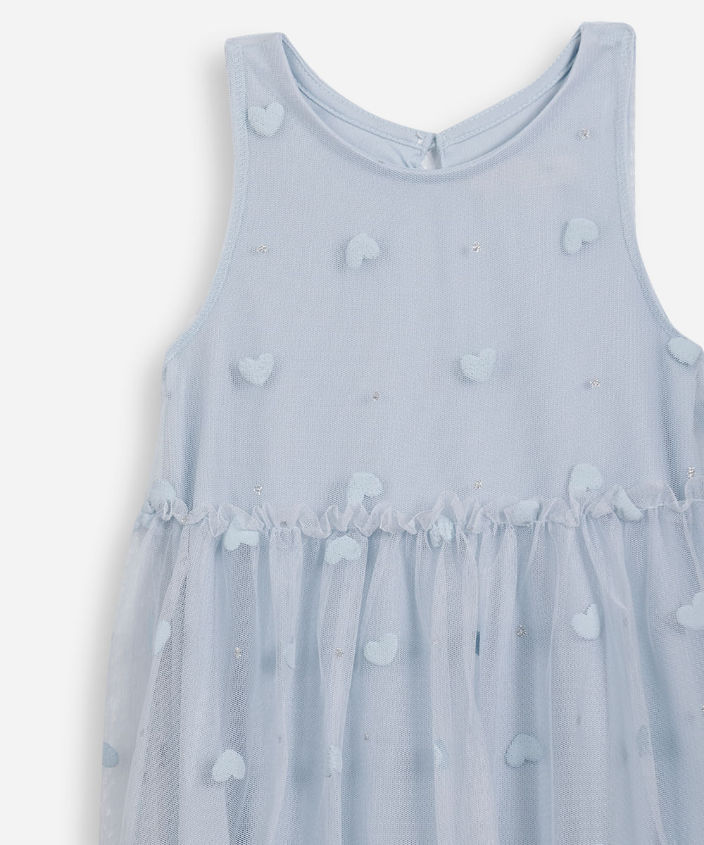 vestido infantil de tule corações com glitter azul