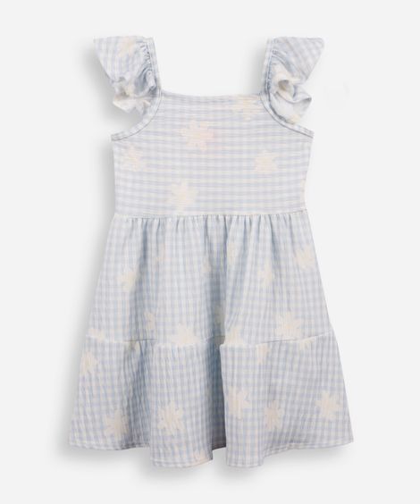 vestido infantil texturizado com babado xadrez azul