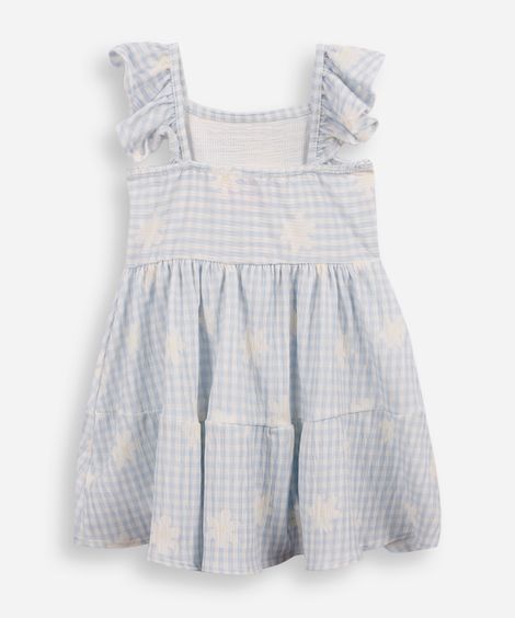 vestido infantil texturizado com babado xadrez azul